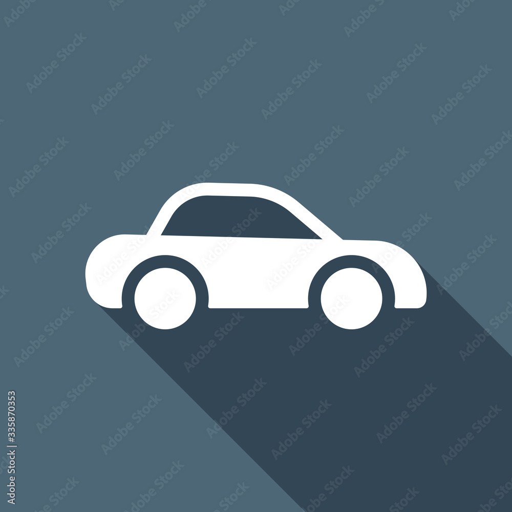 Silhouette of car, small auto icon. White flat icon with long sh