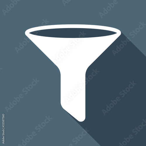 funnel or filter icon. White flat icon with long shadow on blue
