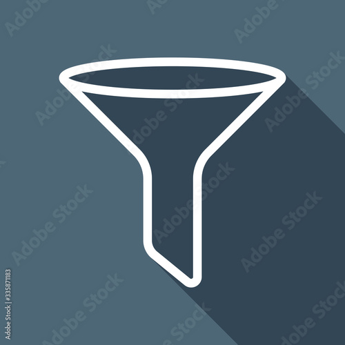 funnel or filter, linear outline icon. White flat icon with long