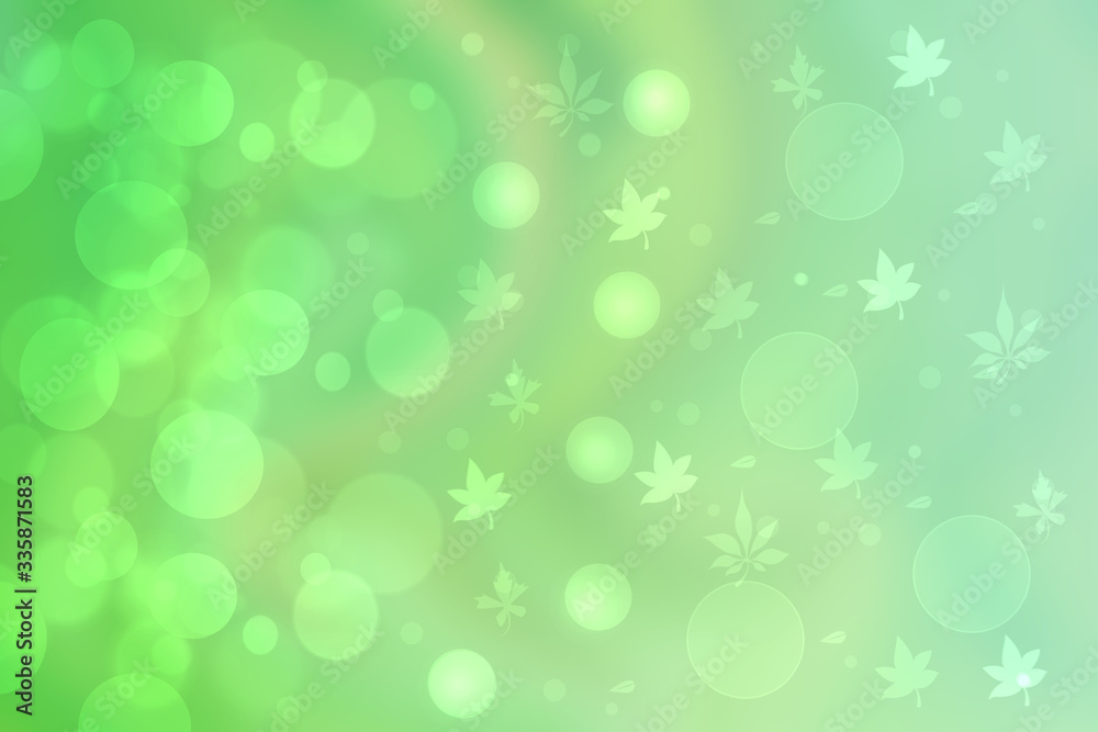 Abstract gradient green light and yellow colorful pastel spring or summer bokeh background with leaves and circular lights. Beautiful texture.