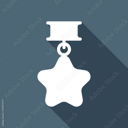 Award with star, medal and ribbon, icon of sport. White flat ico