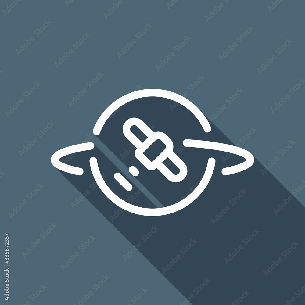 Planet and satellite, linear outline icon. White flat icon with Planet and satellite, linear outline icon. White flat icon with
