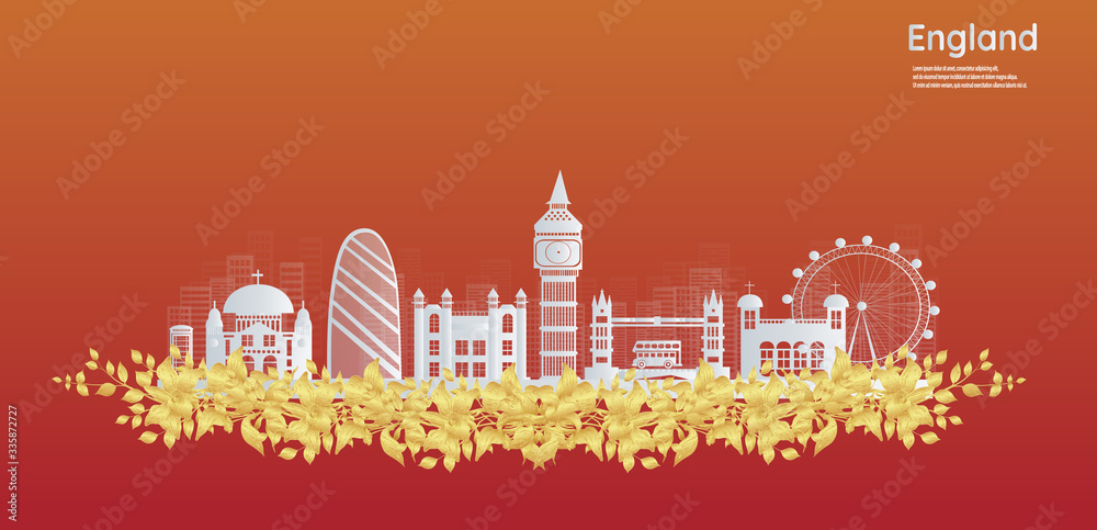 London, England With views of famous landmarks and world-class cities, tourism poster illustrations Paper cutting,Panorama of top world famous landmark of London 