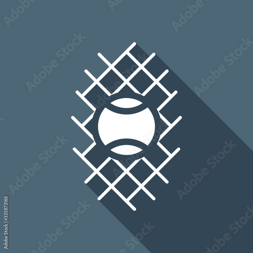 Tennis ball and grid, sport game icon. White flat icon with long