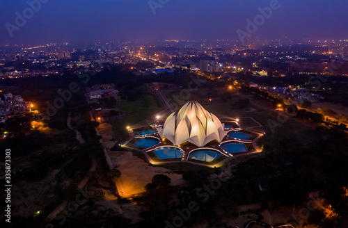Delhi lotus building at night, India, aerial drone view photo