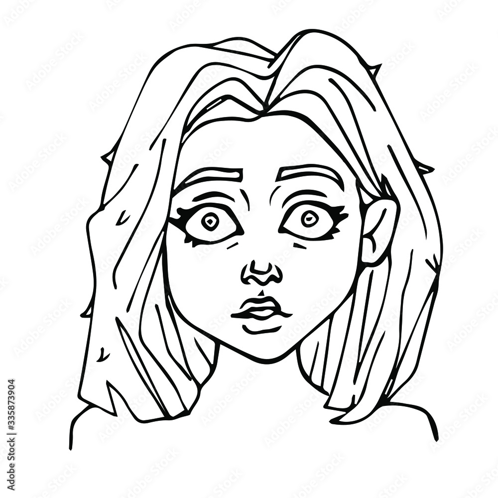vector hand drawn portrait of a young beautiful surprised girl isolated on a white background. coloring. a frightened woman vector hand drawn portrait of a young beautiful surprised girl isolated on a white background. coloring. a frightened woman