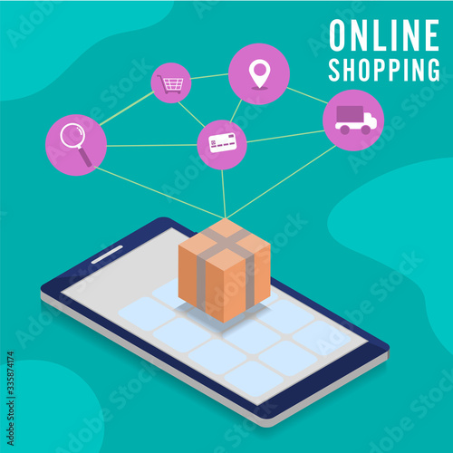 Isometric mobile phone and cubic packaging delivery box link with online shopping icon processing, concept for mobile shopping application.