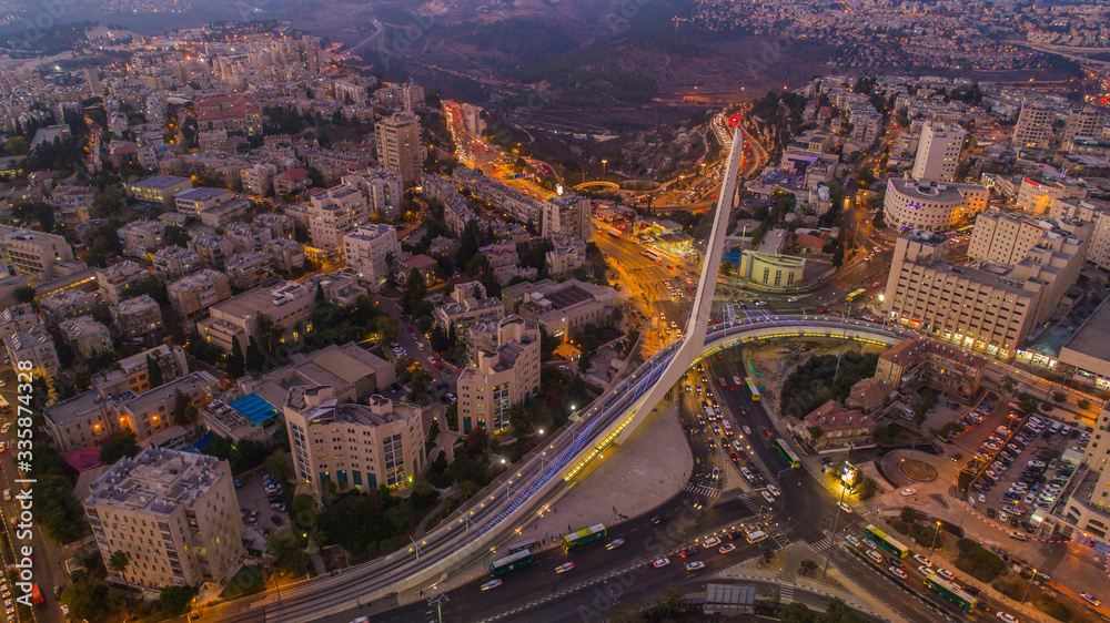 Fototapeta premium Jerusalem city center at night, Israel, aerial drone view