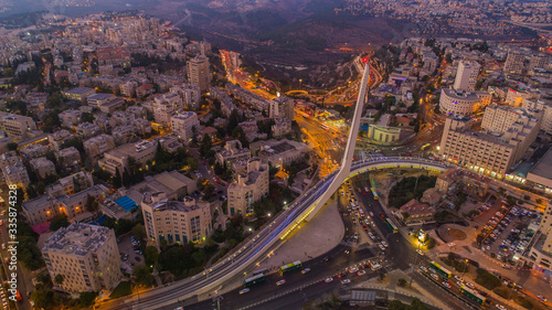 Jerusalem city center at night, Israel, aerial drone view