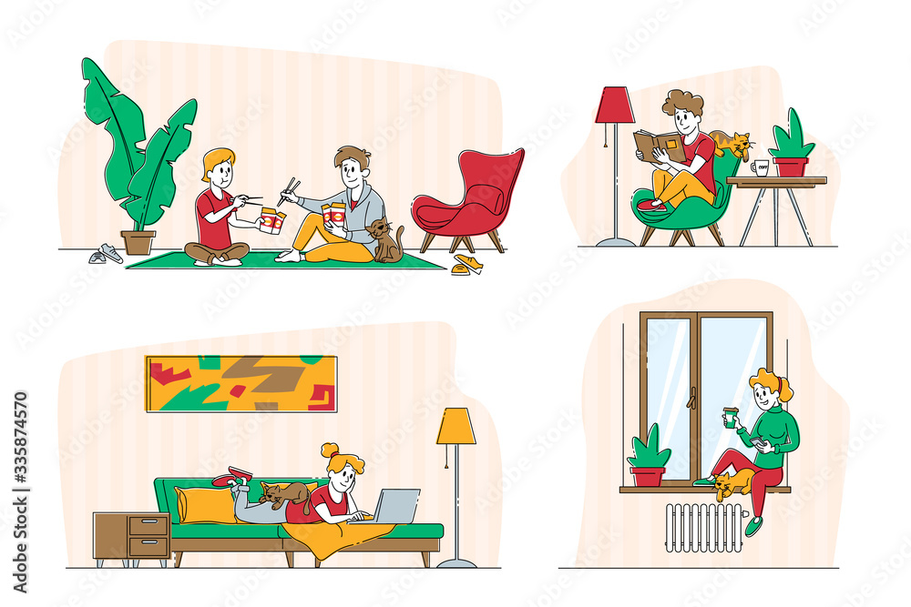 Set Young Woman and her Cat Characters. Girl Spend Time at Home Alone and Dating with Boyfriend Eating Chinese Food, Reading Book with Pet. Weekend Leisure, Relax. Linear People Vector Illustration
