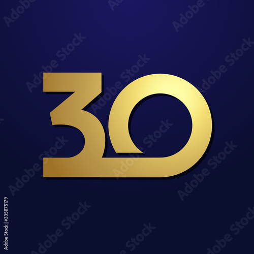 30 th anniversary numbers. 30 years old logotype. Shining golden congrats. Isolated abstract graphic design template. Creative congratulation, 3D digits. Up to 30%, -30% percent off discount concept