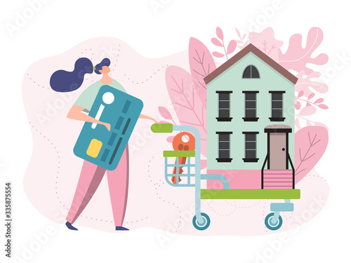 Buy new home vector illustration. Flat cartoon woman owner character pushing shopping cart with house, buyers people buying apartments, estate agency business advertising concept isolated on white