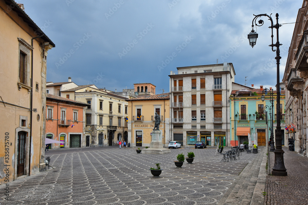 Sulmona, Italy, 08/08/2018. A square in the center of a medieval town in the Abruzzo region