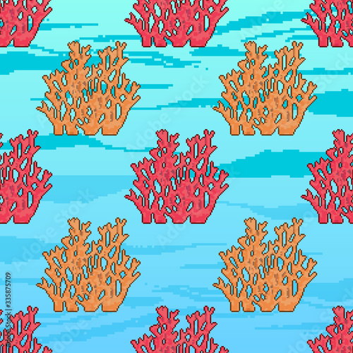 Seamless pattern of colorful pixel sea corals. Pixel art 8 bit. 