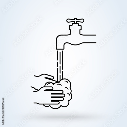 Hands under falling water out of tap. Disinfection, skin care. Antibacterial washing icon. Vector illustration
