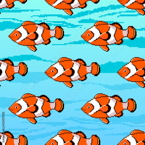 Seamless pattern with sea pixel fish. Pixel art 8 bit. 