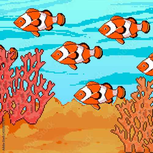 Pixel coral reef and sea creatures, fish. Pixel art vector illustration 8 bit