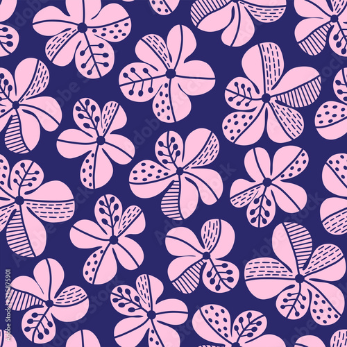 Pink stylized flowers. Hand drawn seamless pattern