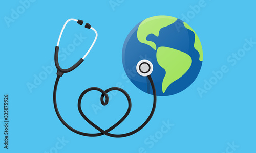 Conceptual illustration of a heart earth world globe with a stethoscope wrapped around it. World Health Day. Vector illustration
