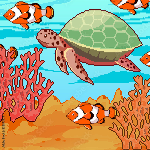 Pixel coral reef and sea creatures, fish and turtle. Pixel art vector illustration 8 bit