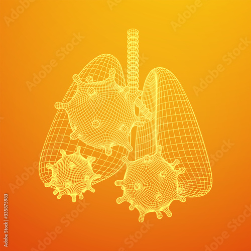 Corona Virus and Lungs with trachea bronchi internal organ human. Covid virus pulmonology medicine science concept. Wireframe low poly mesh vector illustration.