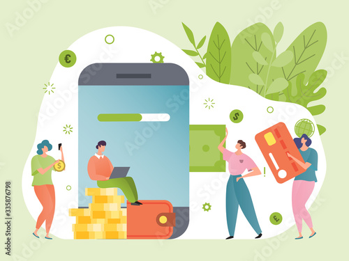 Online banking concept vector illustration. Flat cartoon tiny people with credit card make bank financial transaction, group characters transfer money using app smartphone. Digital currency technology