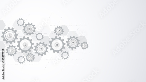 Information technology with infographic elements and flat icons. Cogs and gear wheel mechanisms. Hi-tech digital technology and engineering. Abstract technical background.