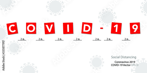 COVID-19 word breaking down to each character with distancing. Coronavirus Viruses can be protected by avoiding close contact or Social distancing. 