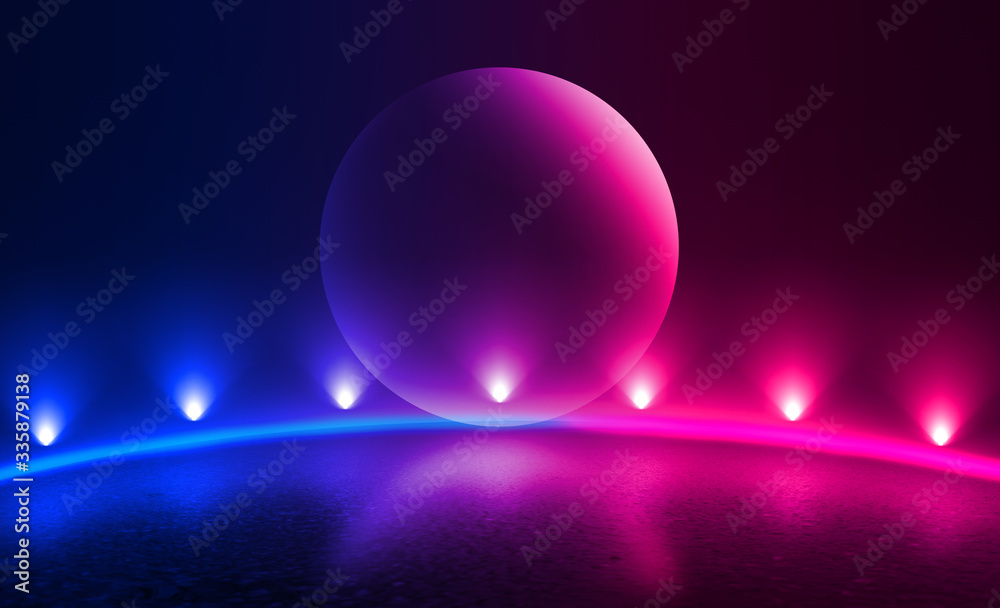 Background empty show scene. Ultraviolet dark abstract background. Geometric neon shapes, neon glow, blue and pink lighting