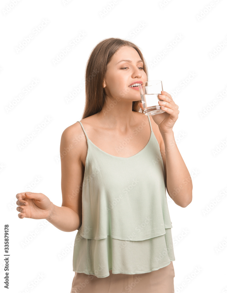 Beautiful young woman with glass of water on white background Beautiful young woman with glass of water on white background