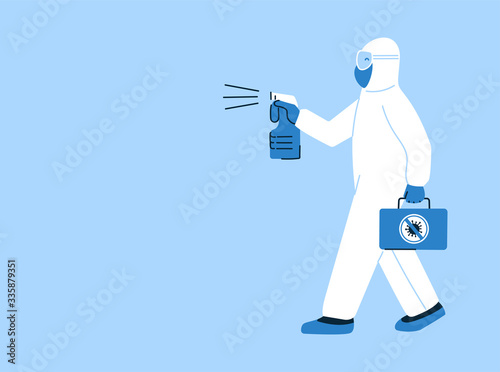 Vector isolated illustration in flat style. Coronavirus disinfection. Man in hazmat suit using antibacterial spray. Disinfectant design concept. Poster, brochure template. Hygiene. Place for text