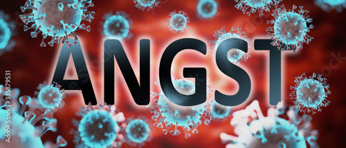 Photos covid and angst, pictured by word angst and viruses to symbolize that angst is r