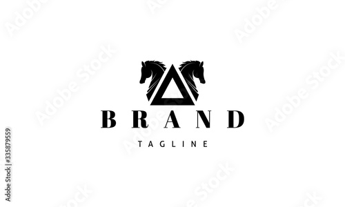 Vector logo on which an abstract image of two horses and a triangle.