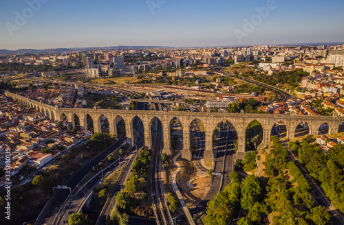 Canvas Print Ancient aqueduct in Lisbon in Portugal, aerial drone view