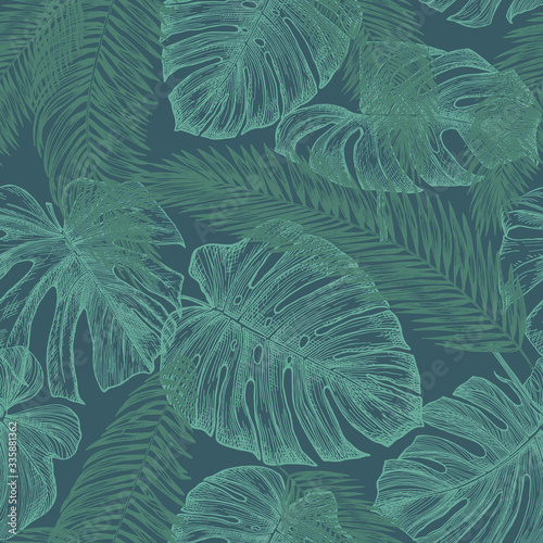 Botanical seamless pattern with leaves of tropical plants on a dark green background. Hand-drawn outlines was converted in vector image. Exotic plants mint green colour. Jungle foliage illustration.