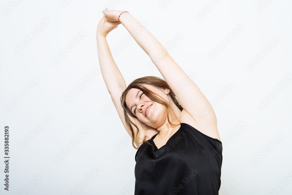 satisfaction and stretching hands woman satisfaction and stretching hands woman