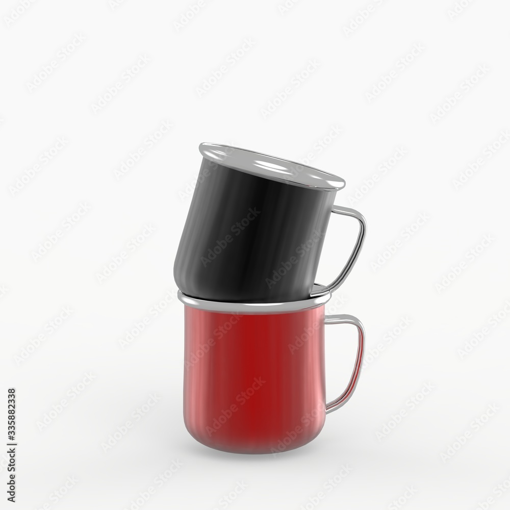 enamel metal mug on white background. Blank cup for branding. 3d rendering illustration