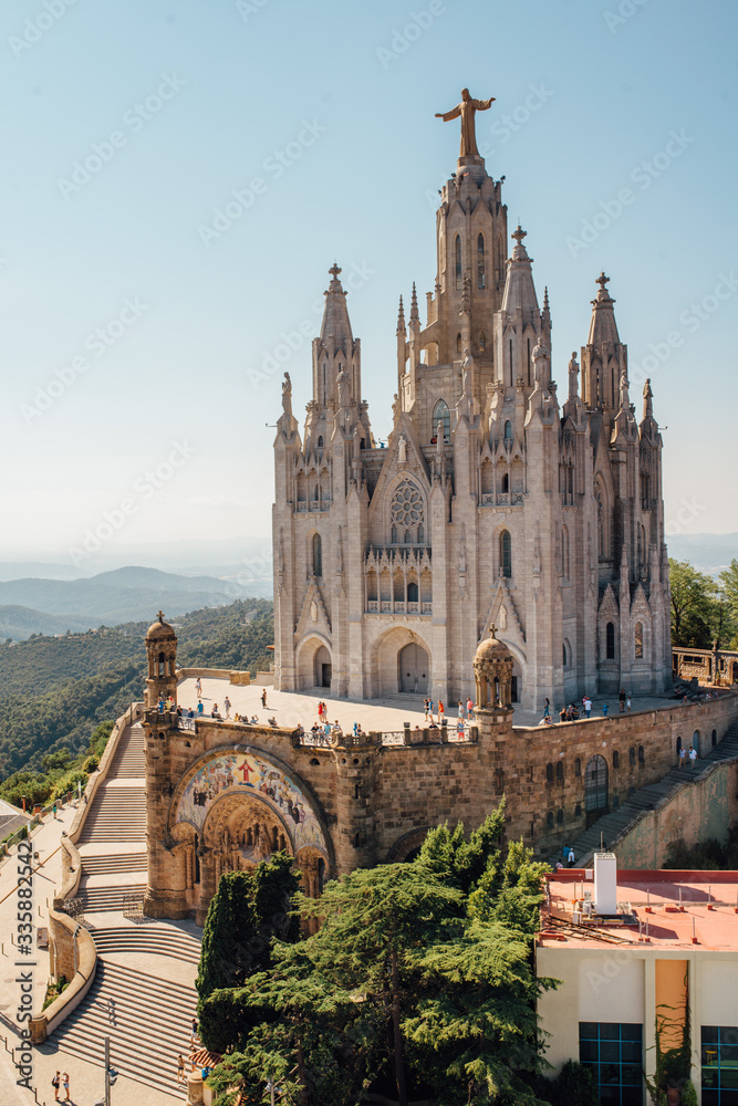 Tibidabo church on mountain in Barcelona with christ statue