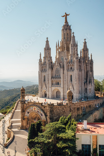 Tibidabo church on mountain in Barcelona with christ statue