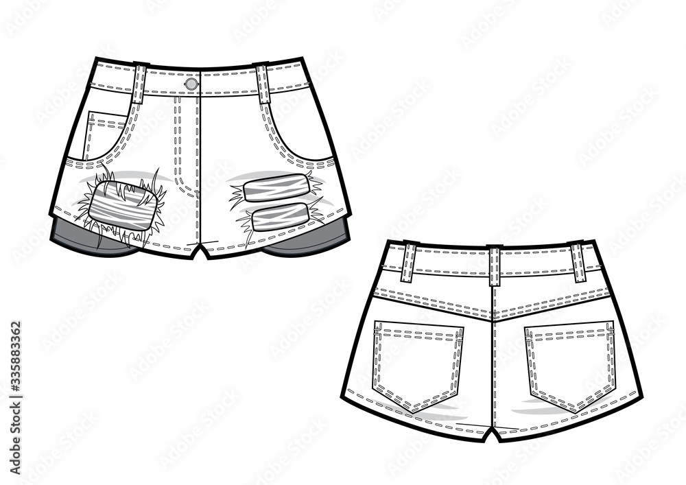 Vector black and white illustration of jean shorts. Clothes in denim ...