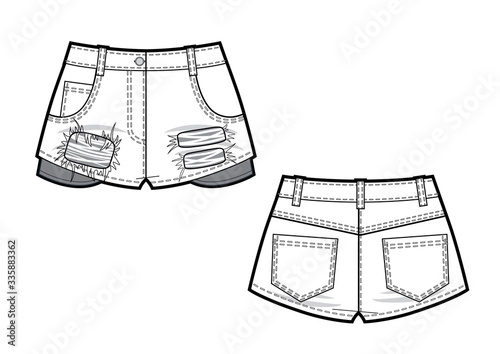 Vector black and white illustration of jean shorts. Clothes in denim style. Front and back views