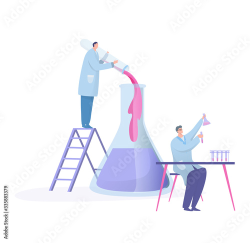 Scientist lab research, concept with tiny people cartoon characters, set isolated on white, vector illustration. Scientific experiment in medical laboratory biology analysis. Genetic science invention