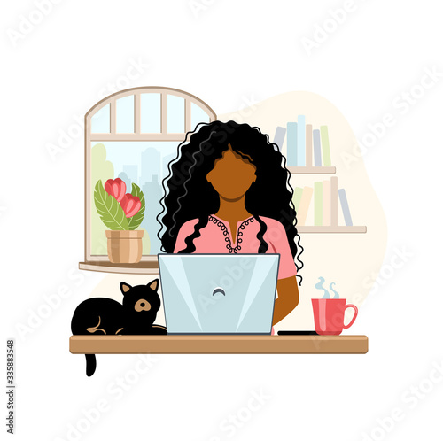 Young african american woman with laptop working from home. Home office concept. People who study or work at home. Vector illustration in flat style.
