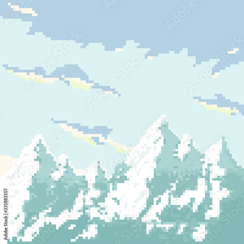 Vector pixel mountains for game background. Pixel art 8 bit. 