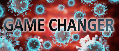 covid and game changer, pictured by word game changer and viruses to symbolize that game changer is related to corona pandemic and that epidemic affects game changer a lot, 3d illustration