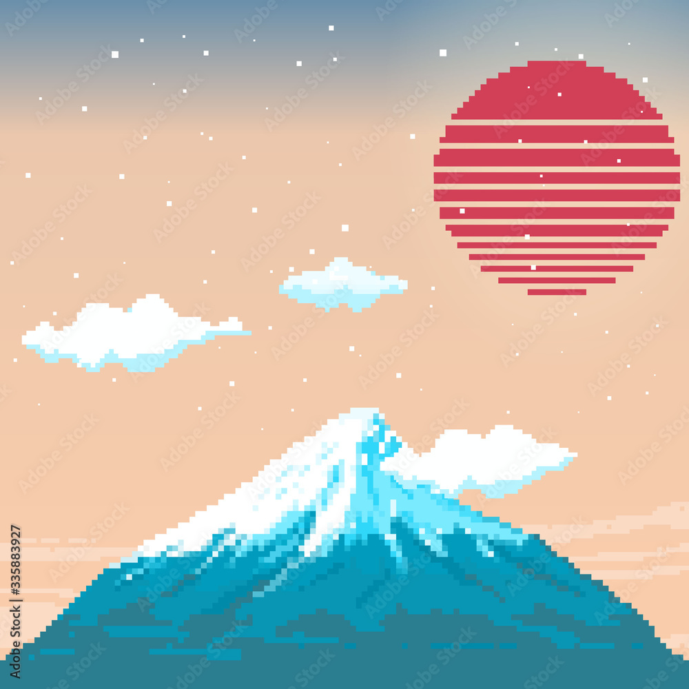 Pixel Fuji mountain at sunset and the red sun. Japan. Pixel art 8 bit.