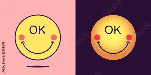 Emoji face icon with phrase Okey. Optimistic emoticon with smile and text Ok. Set of cartoon faces, emotion icon