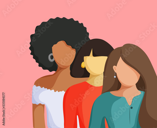 Three women of different nationalities. Friendship, union of feminists or sisterhood. 