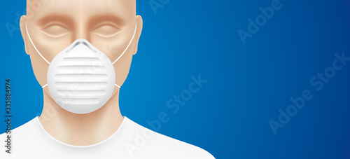 Man with N95 medical face mask, standing on a blue background. Closeup shot of a person, with a virus protection mask on his face. Healthcare banner vector design.