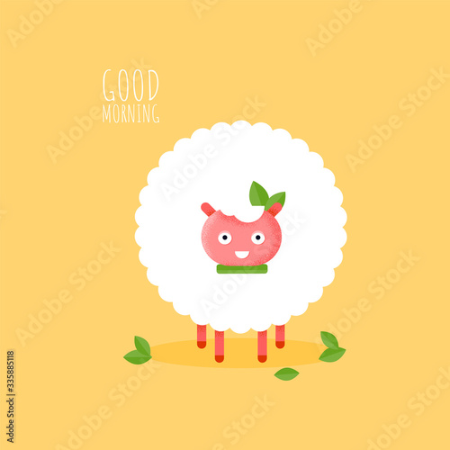 Cute flat sheep character smiling and eating for card. Cartoon vector funny animal. Baby ewe icon for sticker on yellow background. Illustration good morning poster